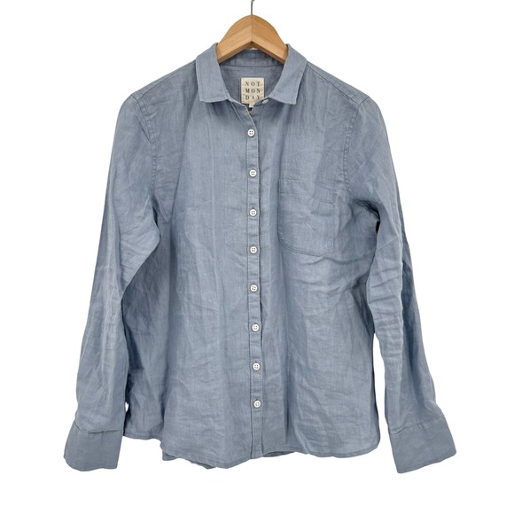 Not Monday Tops - Not Monday Kennedy 100% Linen Button Down Shirt Blue Long Sleeve Pocket Small